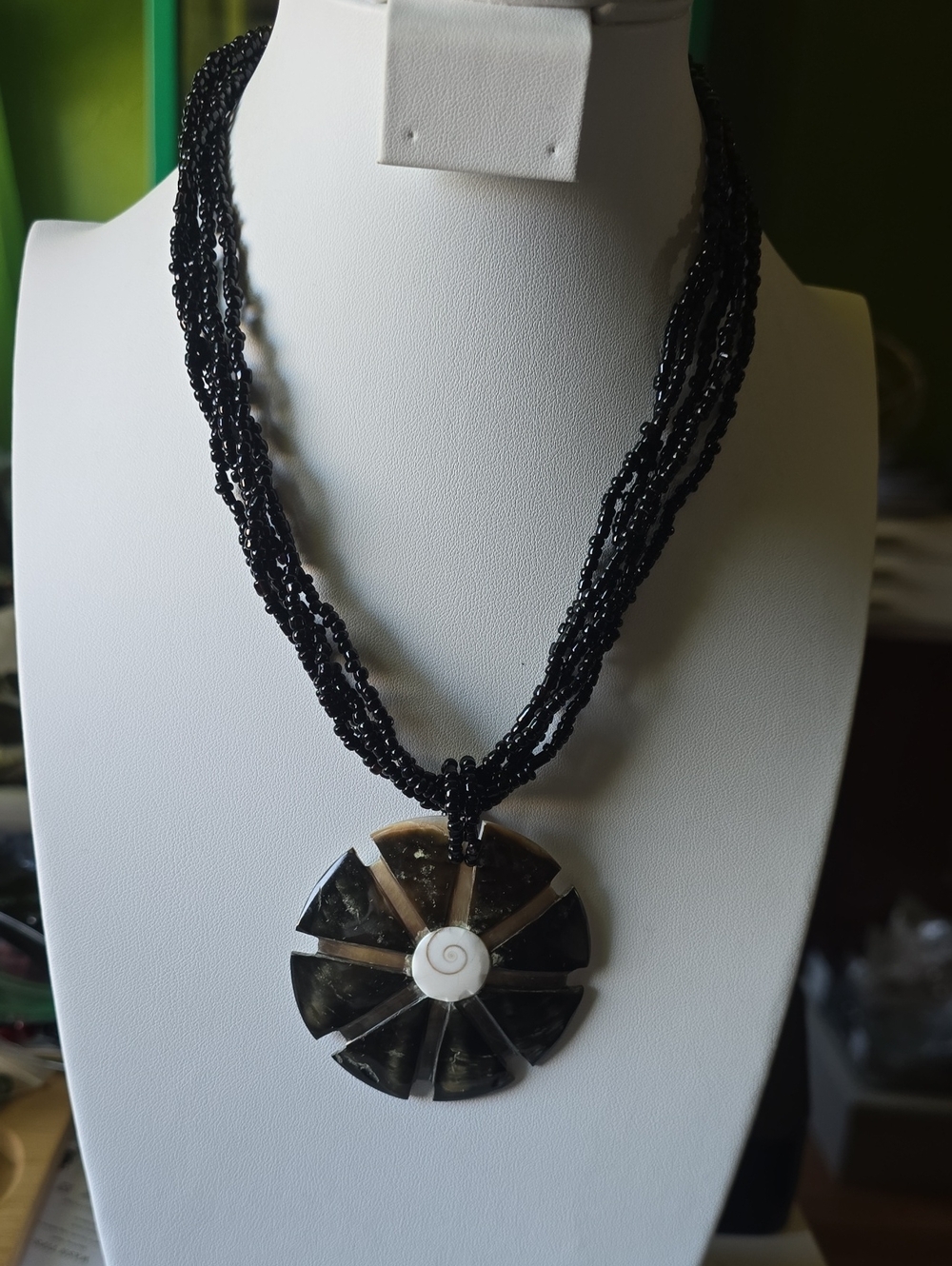 Handcrafted Mother Of Pearl Black Beaded Pendant Necklace with Shell Accent